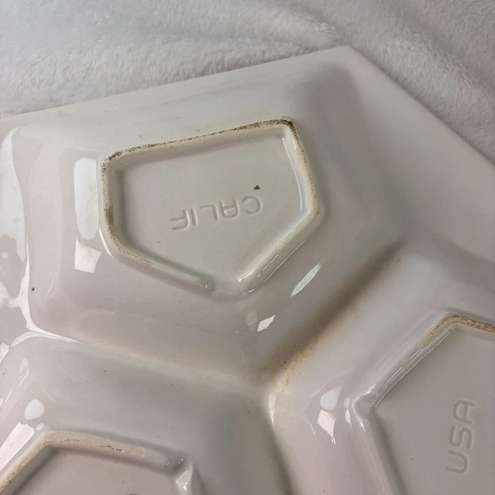 Vintage 60s California Pottery White Hexagon Divided Serving Dish L 204 MCM USA